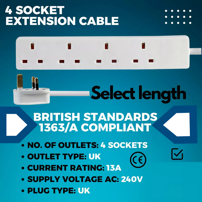 4 Way Mains Extension Lead Cable Power 4 Plugs Gang Socket Electric UK STOCK