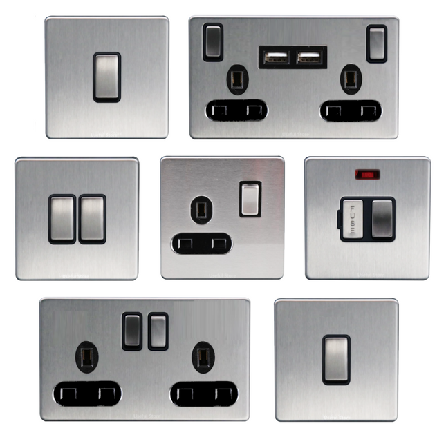 Screwless Slim Brushed Chrome Steel Silver Light Switches & Sockets Black Insert