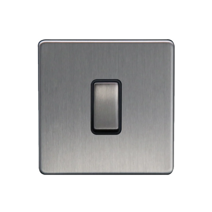Screwless Slim Brushed Chrome Steel Silver Light Switches & Sockets Black Insert