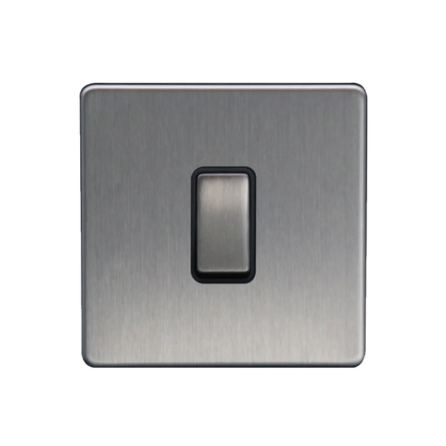 Screwless Slim Brushed Chrome Steel Silver Light Switches & Sockets Black Insert