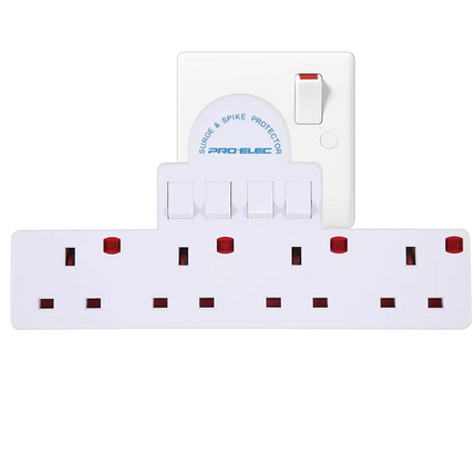4 Way Gang Surge Extension Wall Socket Adaptor UK Plug Convert 13A Neon Switched