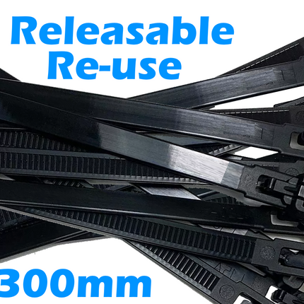 Cable Ties Releasable Reusable Black Plastic Zip Tie Wraps 7.5mm x 300mm UK