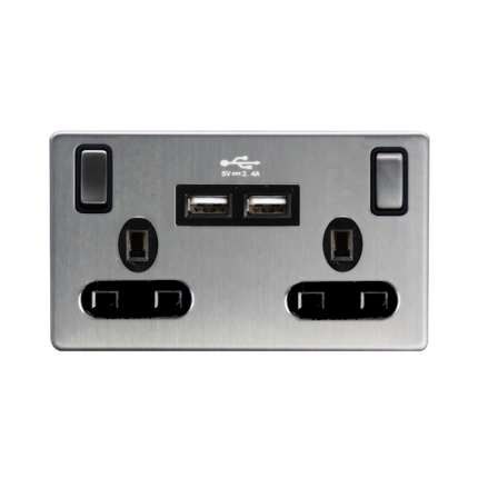 Screwless Slim Brushed Chrome Steel Silver Light Switches & Sockets Black Insert