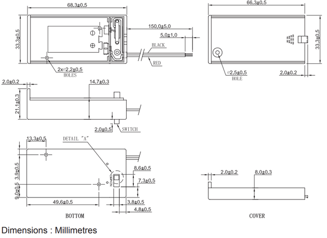 3x 9V Battery Holder Cover Black Red Connection Wire Lead Cable On Off Switch