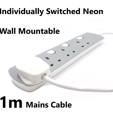 4 Gang Mains Extension Lead 4 Way 1 Metre UK Power Sockets Switched - Grey 1m