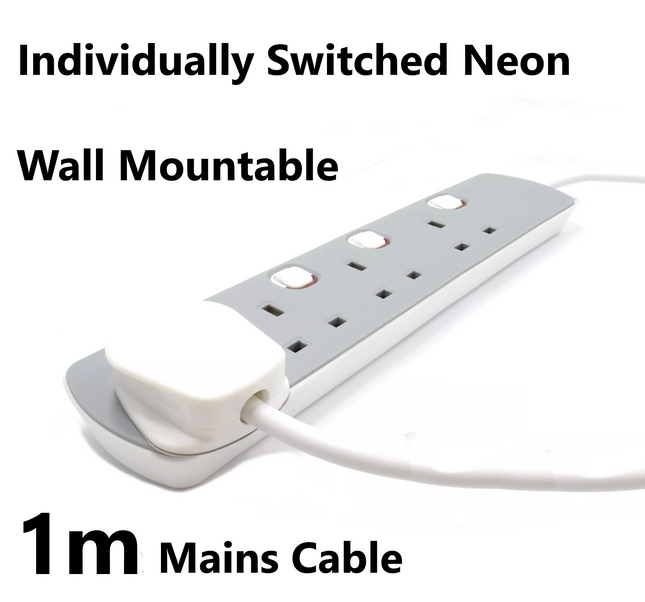 4 Gang Mains Extension Lead 4 Way 1 Metre UK Power Sockets Switched - Grey 1m