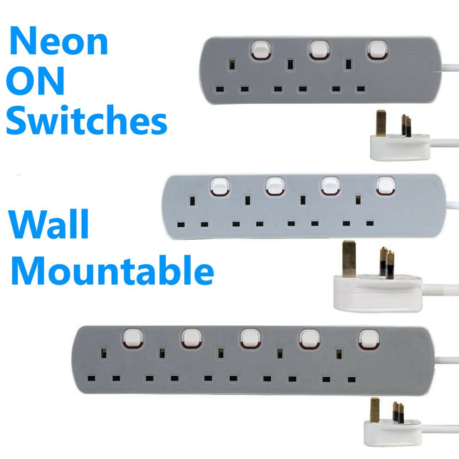 3 / 4 / 5 Way Gang Extension Lead Grey switched Office Home PC Desk UK Plug 13A