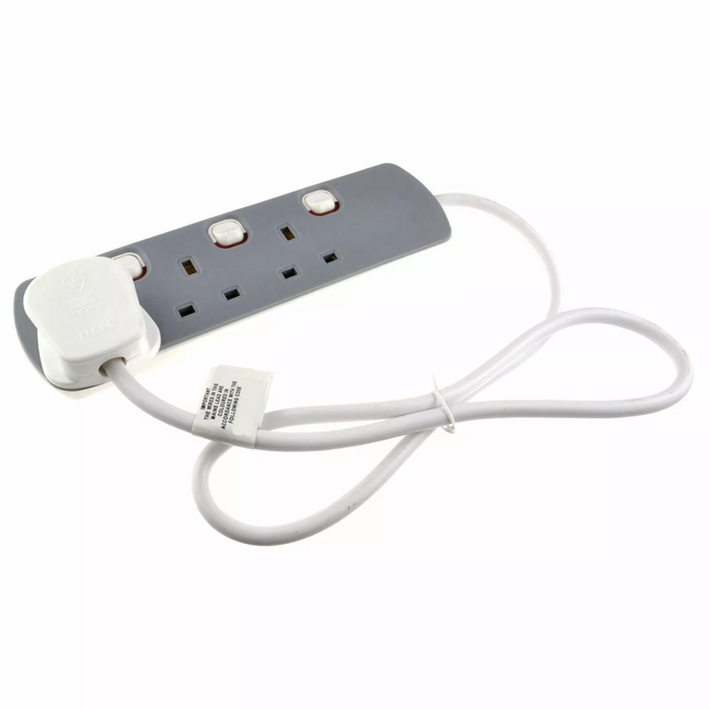 3 Gang Mains Extension Lead 3 Way 1 Metre UK Power Sockets Switched - Grey 1m
