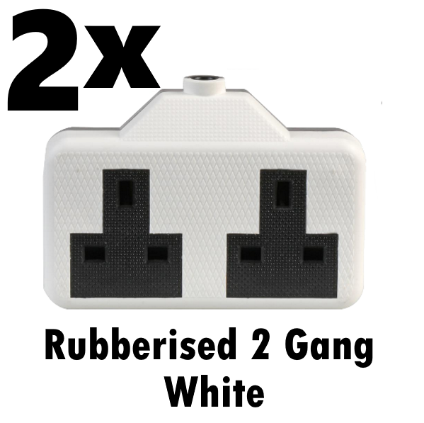 2x White Heavy Duty 2 Gang Trailing Rubber Socket 13A High Impact Extension