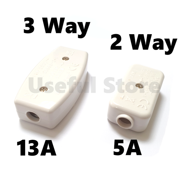 Inline Junction Mains Cable Connector Box 2 or 3 Way Pin 5A 13A ~Pack Size~