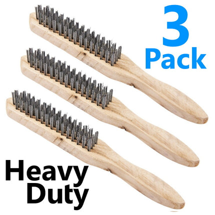 3x Wire Brush 4 Row Rust Cleaning Handle Steel Wooden Heavy Duty Metal Removal
