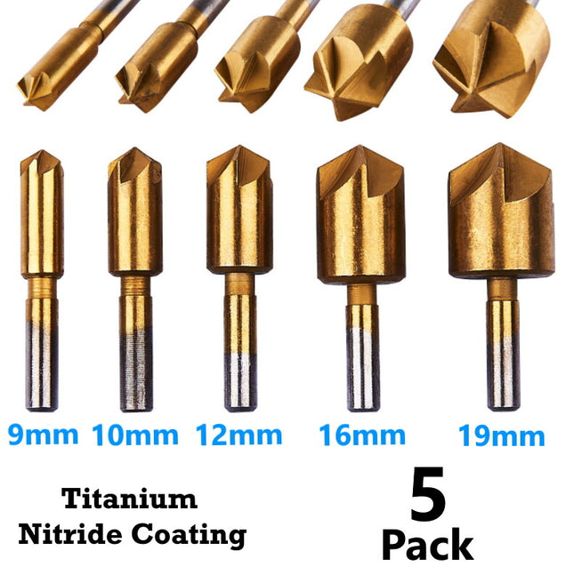5 Pc Titanium Coated Countersink Drill Bit Set Wood Plastic Metal Drilling Flush