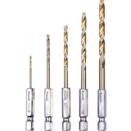 5pc HSS Steel Metal Wood Plastic Titanium Coated DRILL BITS Set  1/4'' Hex Shank
