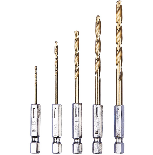 5pc HSS Steel Metal Wood Plastic Titanium Coated DRILL BITS Set  1/4'' Hex Shank