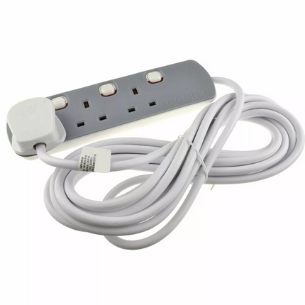 3 Gang Mains Extension Lead 3 Way 5 Metre UK Power Sockets Switched - Grey 5m