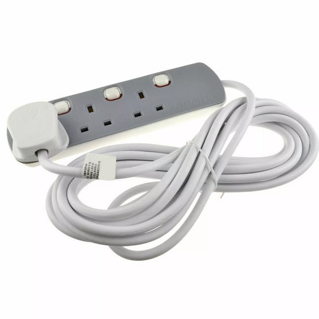 3 Gang Mains Extension Lead 3 Way 5 Metre UK Power Sockets Switched - Grey 5m