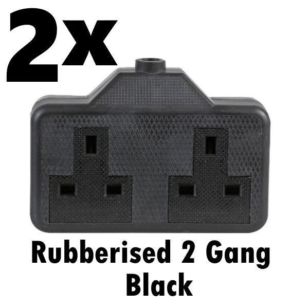 2x Black Heavy Duty 2 Gang Trailing Rubber Socket 13A High Impact Extension