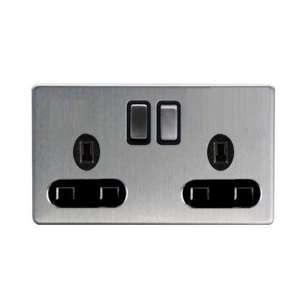 Screwless Slim Brushed Chrome Steel Silver Light Switches & Sockets Black Insert