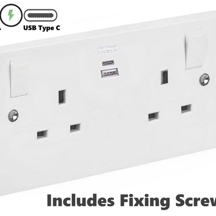 New Double 13A Switched Socket with Super Fast USB A & Type C Charger Port UK