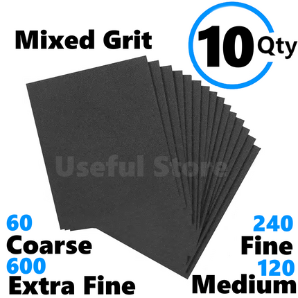10 WET & DRY Sandpaper Sand Paper 60 600 Metal Plastic Wood GRIT Mixed Grit Pack