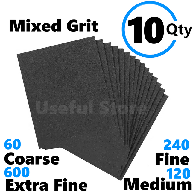 10 WET & DRY Sandpaper Sand Paper 60 600 Metal Plastic Wood GRIT Mixed Grit Pack