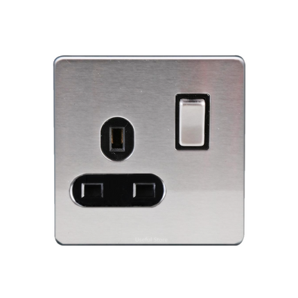 Screwless Slim Brushed Chrome Steel Silver Light Switches & Sockets Black Insert