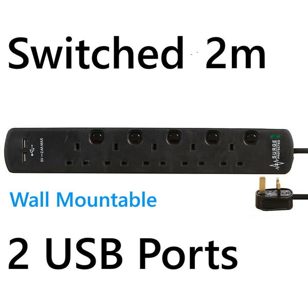 USB Switched Surge Protected Extension Lead 4 5 6 Gang Way Plug Socket Black 2m