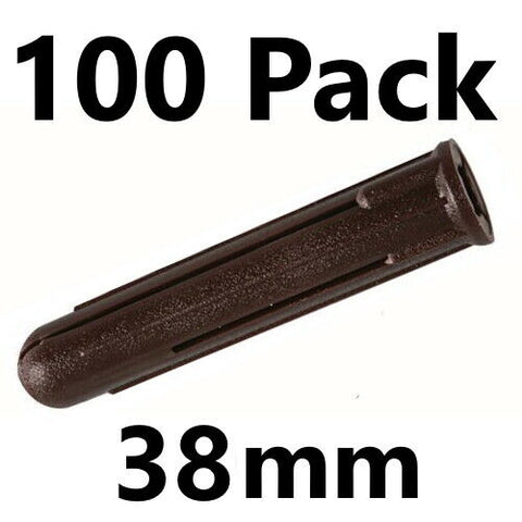 100 x Brown Plastic Rawl Wall Plug 7mm Drill Size 38mm Length Plugs Fix Screw