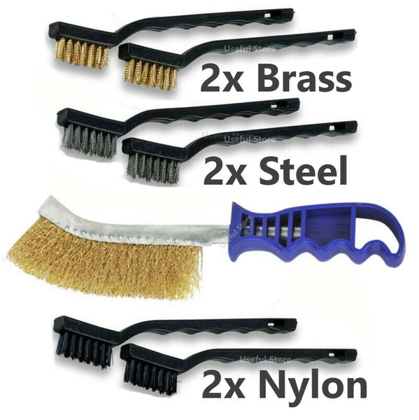 7x WIRE BRUSH SET Steel Brass Nylon Metal Rust Paint Remover Long Cleaner