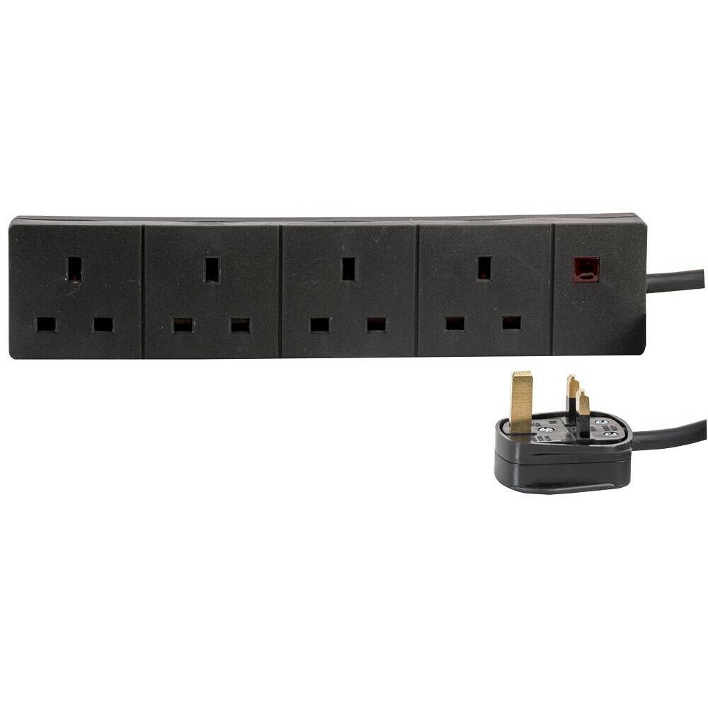 4 Way Extension Lead - Four Gang Electric Multi Plug Socket - Black Power Cable