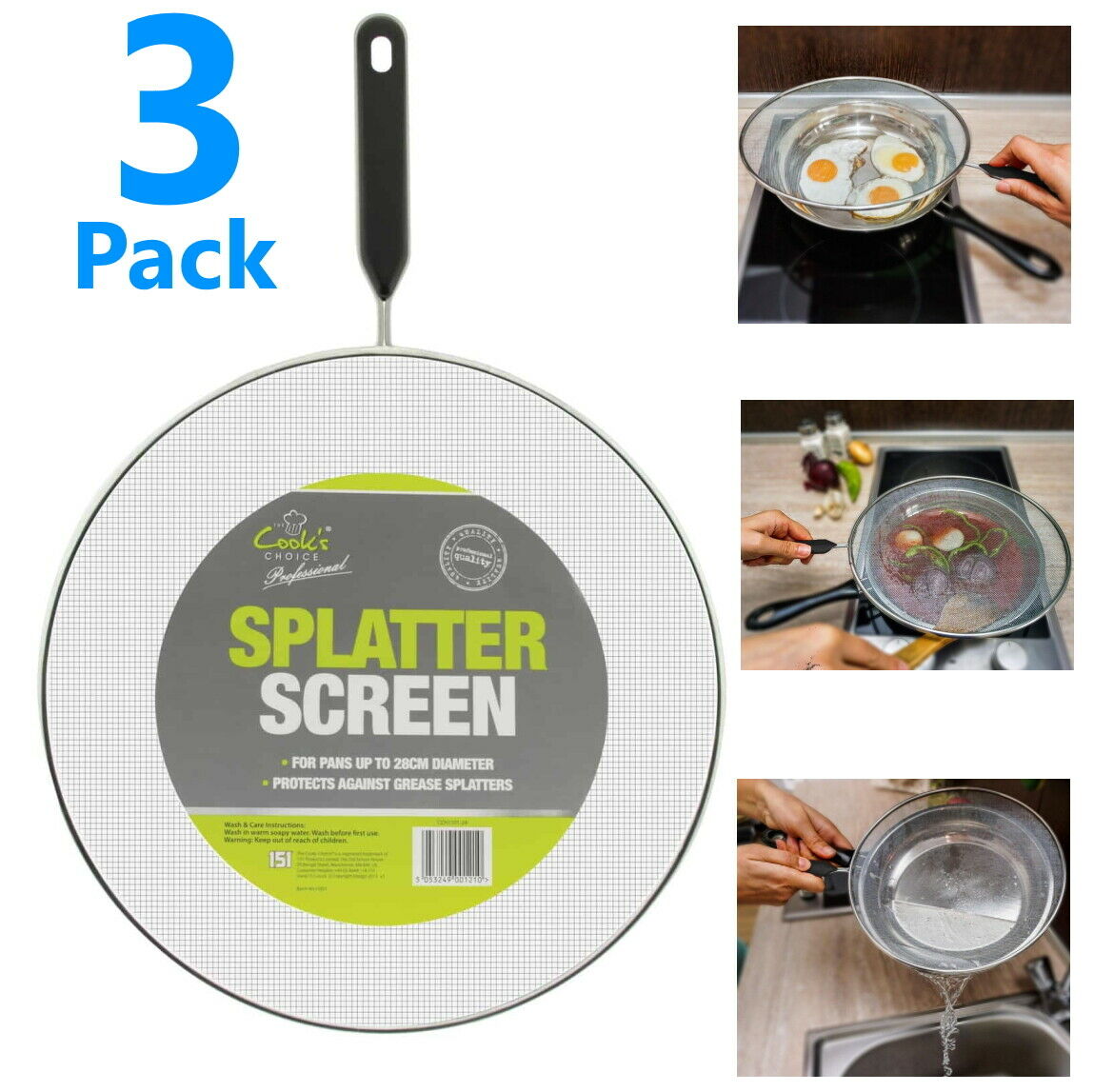 3x Kitchen Frying Pan Splatter Screen Cover Guard Protective Mesh Sieve Fat Oil