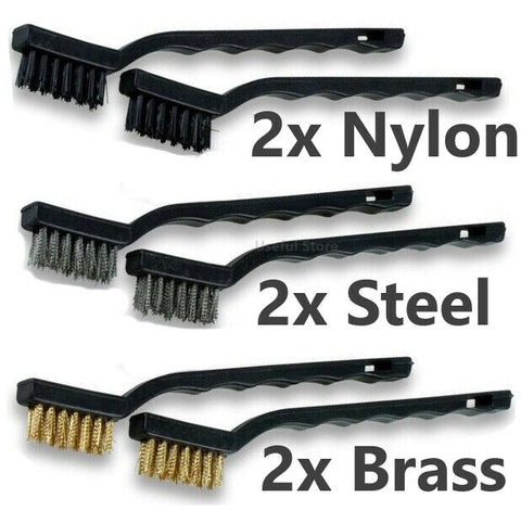 6 WIRE BRUSH SET Small Steel Brass Nylon Metal Rust Paint Remover Long Cleaner