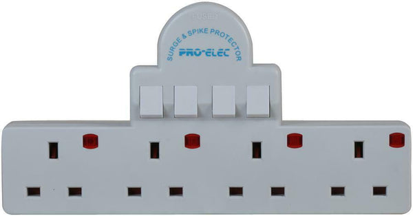 4 Way Gang Surge Extension Wall Socket UK Plug Adaptor Convert 13A Neon Switched