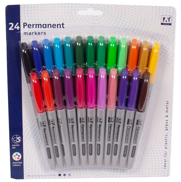 24 Permanent Marker Pens Bullet Point Tip Mixed Colours Plastic Metal Card Glass