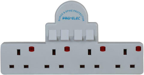 4 Way Gang Surge Extension Wall Socket UK Plug Adaptor Convert 13A Neon Switched