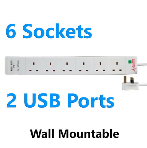 Surge Protected Extension Lead 6 Gang White 6 Way Multi Plug Socket USB 1/2/3/5m