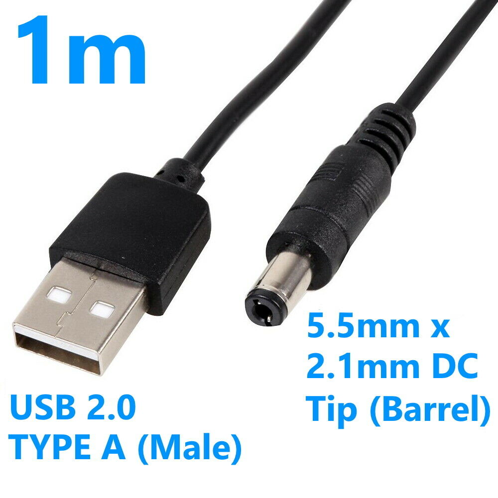 USB to DC Power Cable - USB 2.0 to 2.1mm x 5.5mm 5v Barrel Connections Device 1m