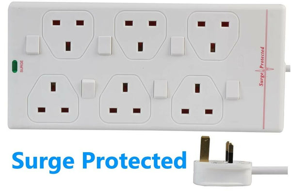 6 Socket SURGE PROTECTED 2m Extension Lead SWITCHED UK Mains Way Gang White