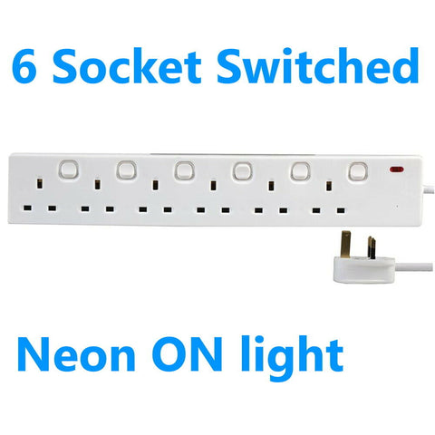 6 Way Switched Extension Lead - Six Gang Multi Plug Socket - White Power Cable