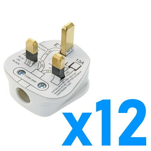 12 X 13 Amp White UK 3 Pin Fused Mains Plastic Plug 13A Pack Socket Bulk BS1363