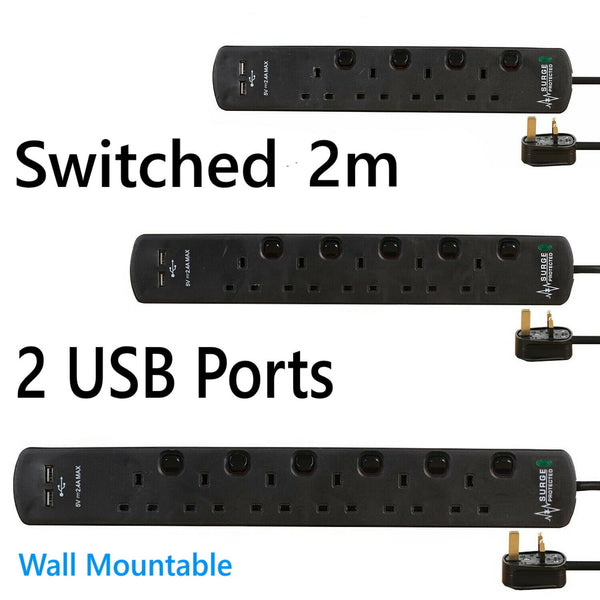 USB Switched Surge Protected Extension Lead 4 5 6 Gang Way Plug Socket Black 2m