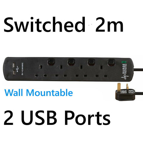 USB Switched Surge Protected Extension Lead 4 5 6 Gang Way Plug Socket Black 2m