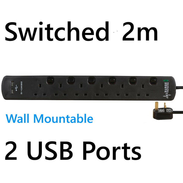 USB Switched Surge Protected Extension Lead 4 5 6 Gang Way Plug Socket Black 2m