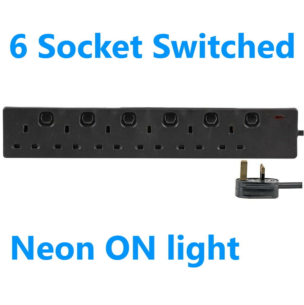 6 Way Switched Extension Lead - Six Gang Multi Plug Socket - Black Power Cable