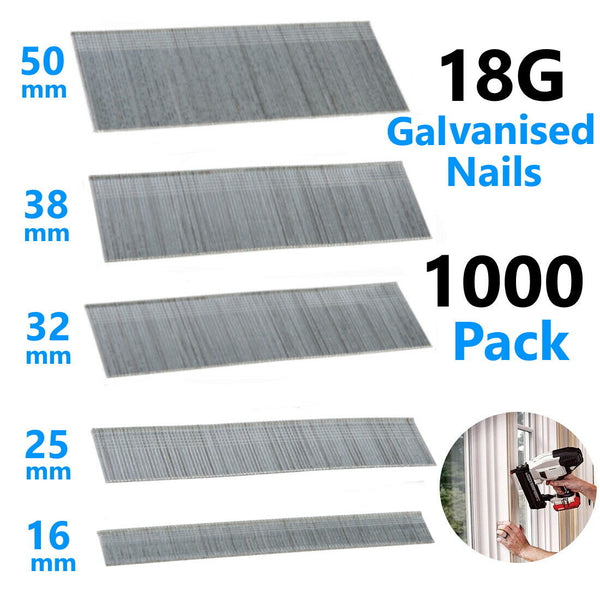 18 Gauge Brad Nails Galvanised Smooth Shank Gun 16,25,32,38,50mm Fixings 1000pc