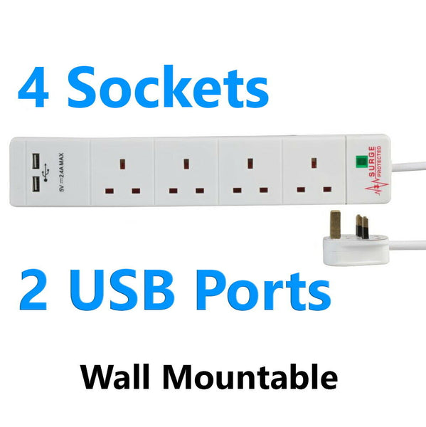 Surge Protected Extension Lead 4 Gang White 4 Way Multi Plug Socket USB 1/2/3/5m