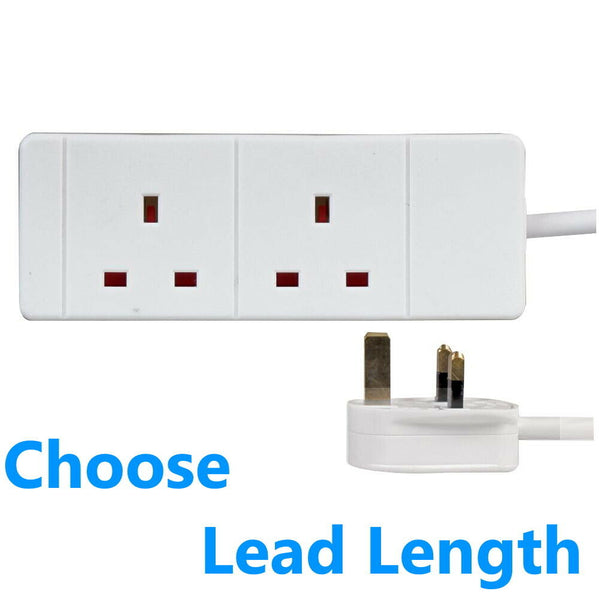 2 Way Extension Lead Two Gang Trailing Plug Socket - Electric White Power Cable