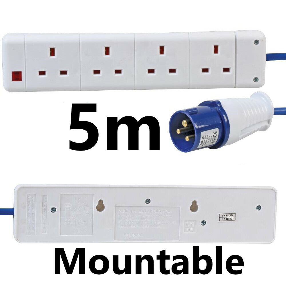 16A - 4 Gang Way Motorhome Caravan Camping Mains Electric Hook Up Extension Lead