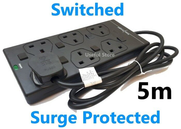 6 Socket SURGE PROTECTED 5m Extension Lead SWITCHED UK Mains Cable Way Black Led