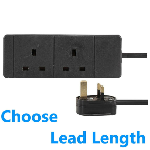 2 Way Extension Lead Two Gang Trailing Plug Socket - Electric Black Power Cable